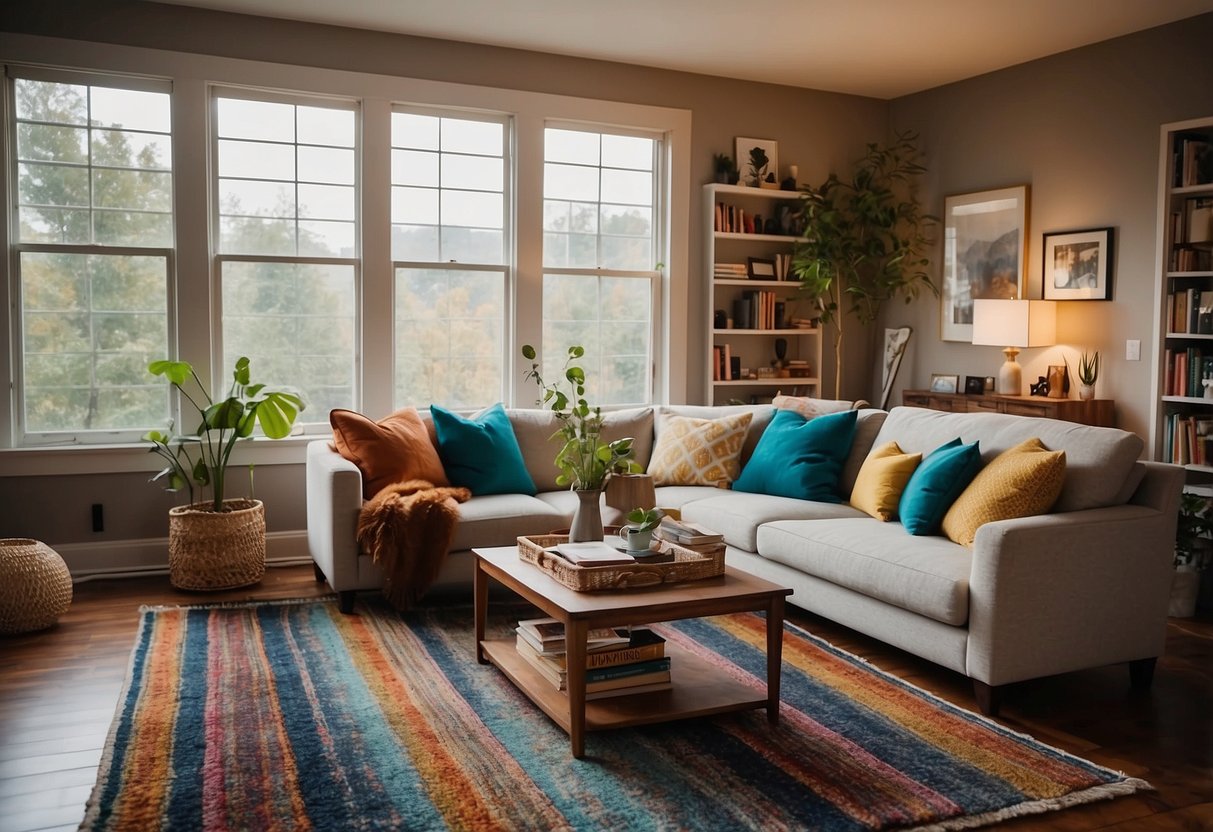 A cozy living room with a plush sofa, a coffee table, and a bookshelf filled with books and decorative items. A large window lets in natural light, and a colorful rug ties the room together