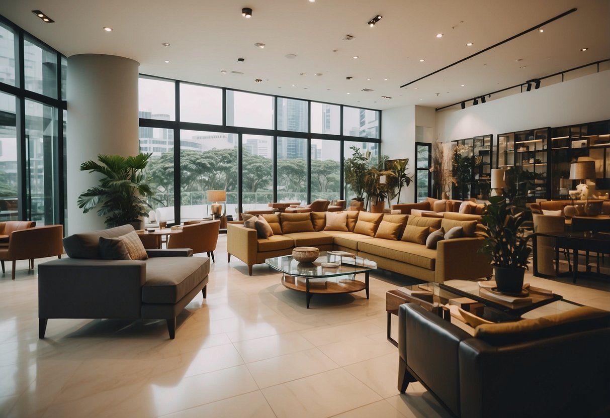 A customer browsing through a variety of affordable furniture options in a spacious showroom in Singapore