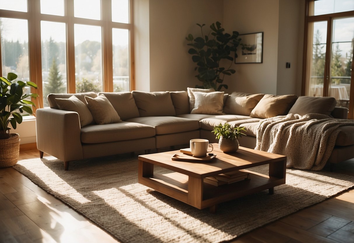 A cozy living room with a plush sofa, elegant coffee table, and soft rug. Sunlight streams in through large windows, casting a warm glow on the space