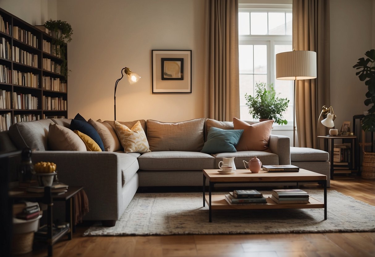 A cozy living room with a large sofa, coffee table, and floor lamp. A bookshelf filled with books and decorative items. A rug and curtains add warmth to the space