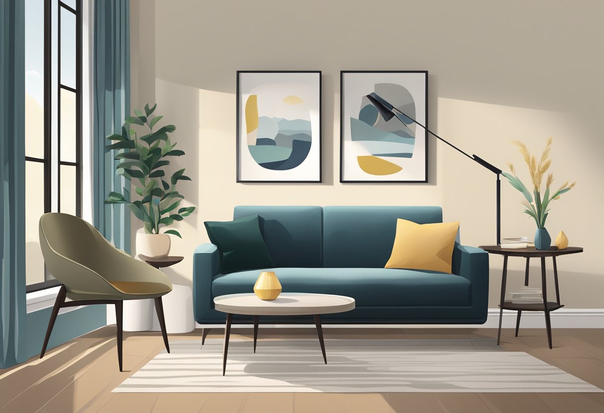 A cozy living room with a modern accent chair, a sleek side table, and a decorative floor lamp against a neutral backdrop