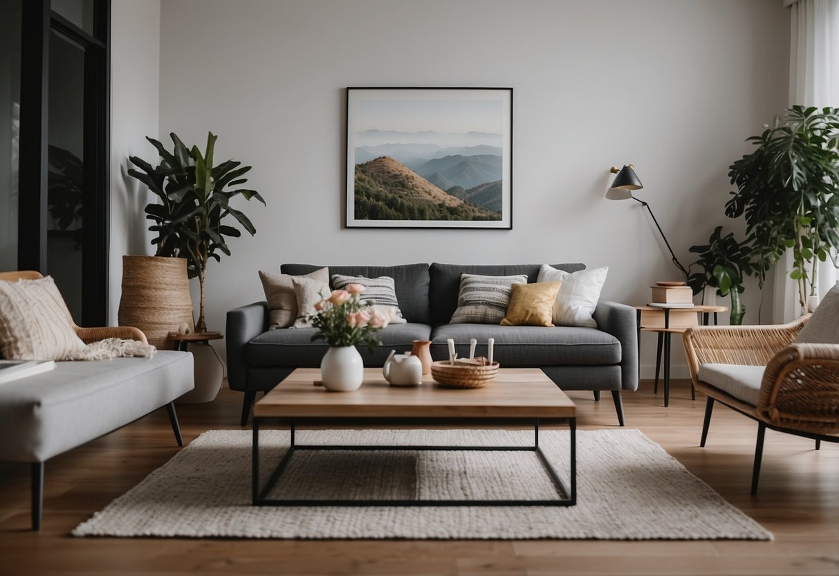A cozy living room with affordable, yet stylish furniture arranged for comfort and functionality