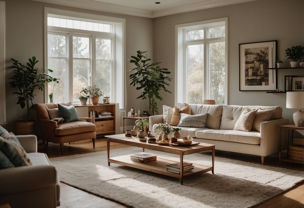 A cozy living room with a variety of home furniture including a sofa, coffee table, bookshelves, and a rug. The room is well-lit with natural light coming through the windows