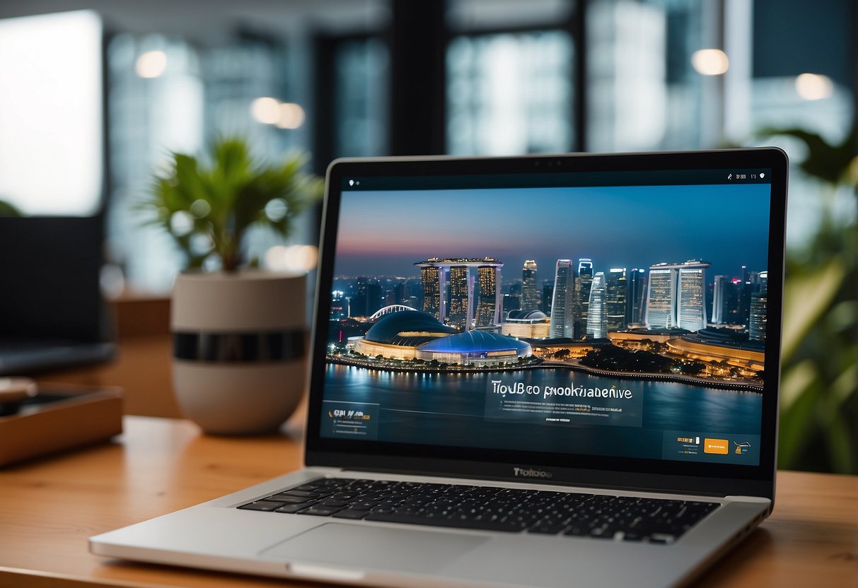 A person in Singapore browsing Taobao furniture on their laptop, with various furniture items displayed on the screen and a map of Singapore in the background