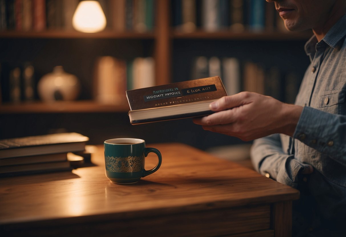A person carefully placing a coaster under a drink on a wooden coffee table, while another person gently dusts a bookshelf filled with neatly arranged books and decorative items
