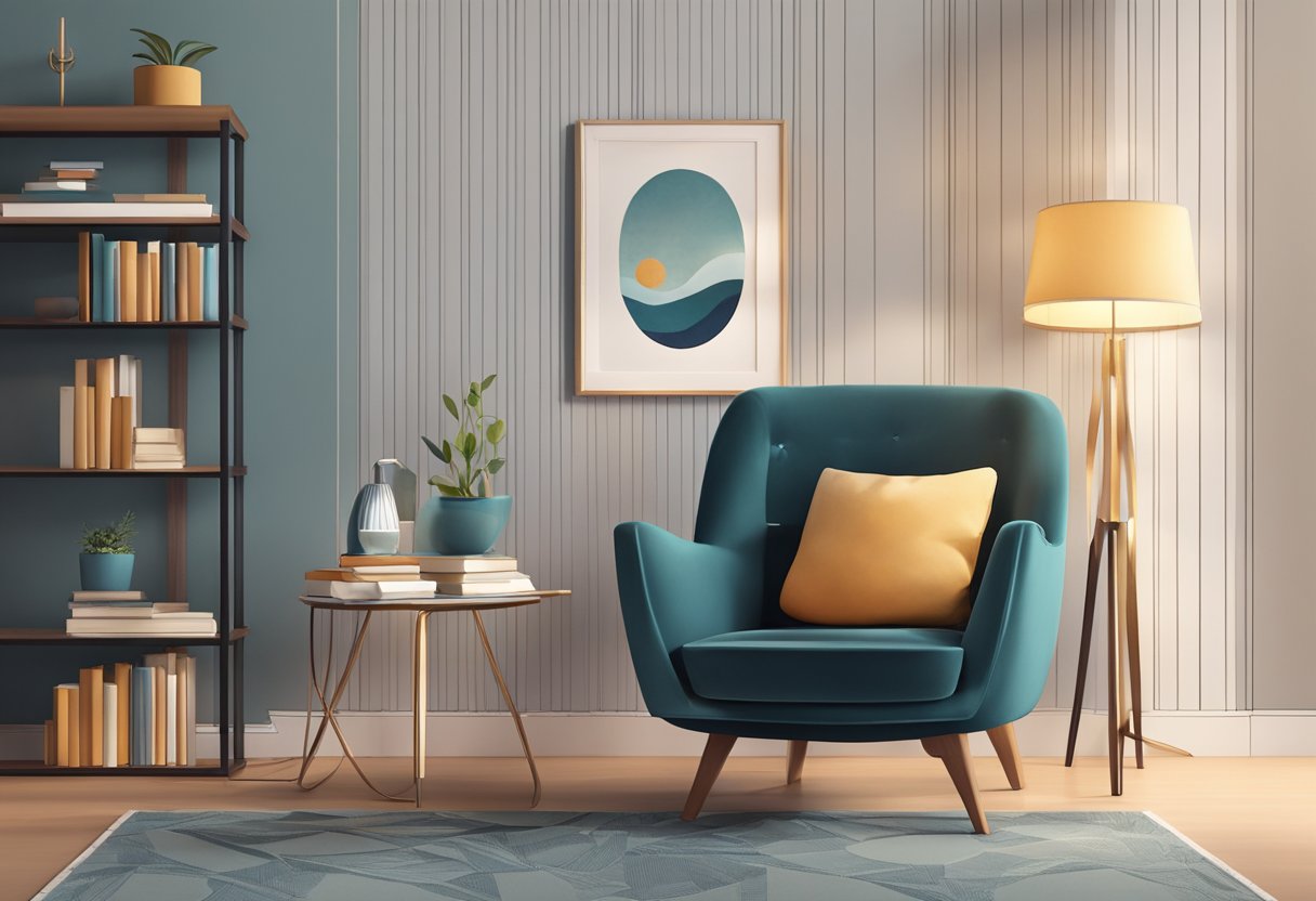 A room with a cozy armchair next to a sleek side table, adorned with a stylish lamp and a stack of books