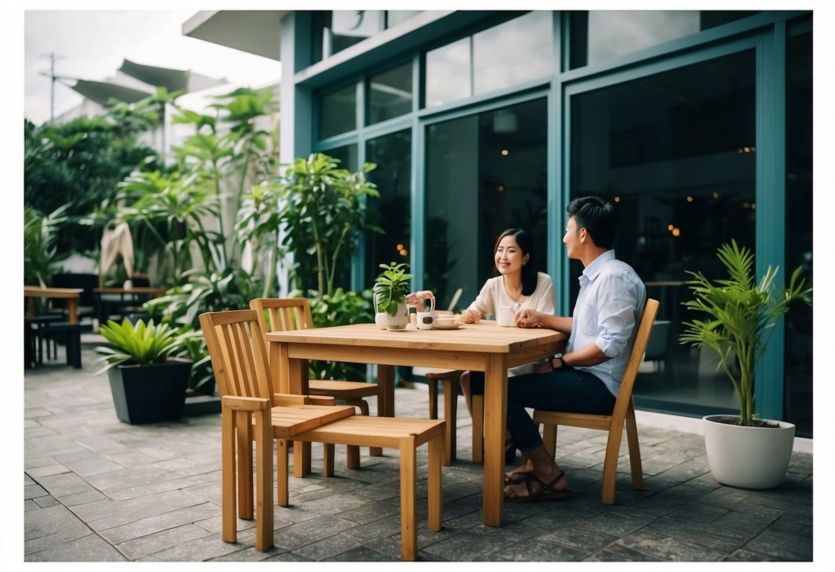 A couple inspecting a sturdy, weather-resistant outdoor dining set at a second-hand furniture store in Singapore