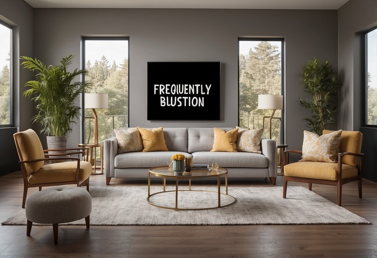 A room with various furniture pieces arranged neatly. A sign or banner with "Frequently Asked Questions" displayed prominently above the furniture
