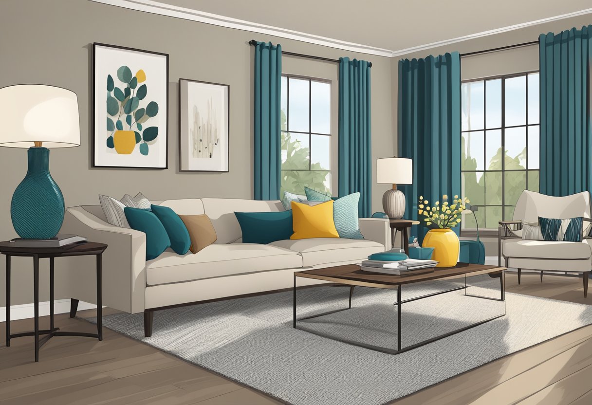 A cozy living room with a bold accent chair next to a modern side table and a stylish floor lamp. Textured throw pillows add a pop of color to the neutral-toned sofa