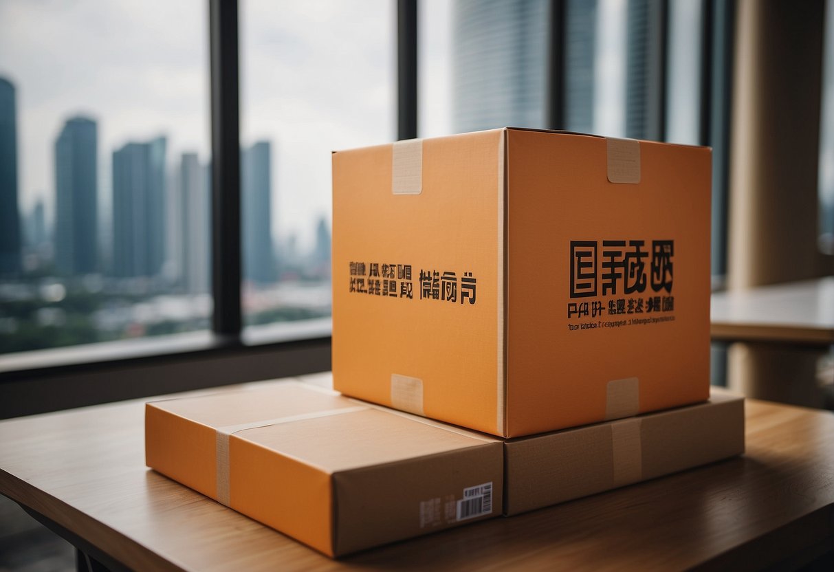A package labeled "Frequently Asked Questions: Taobao furniture to Singapore" sits on a doorstep, with a map of Singapore in the background