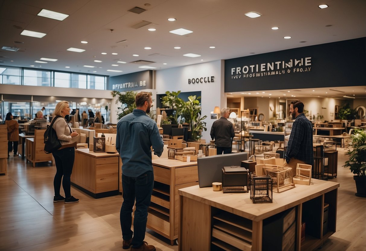 Customers browsing through a wide selection of affordable furniture, with signs indicating "Frequently Asked Questions" displayed prominently