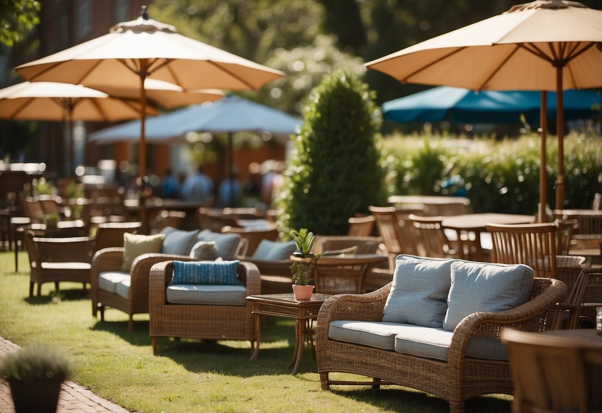 A sunny outdoor setting with a variety of second-hand furniture displayed, including chairs, tables, and umbrellas. The scene exudes a relaxed and inviting atmosphere for potential customers to browse and purchase