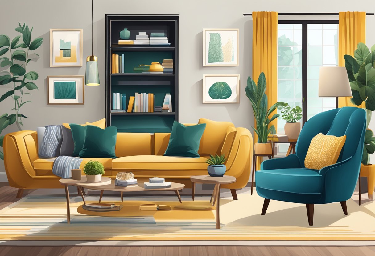 A cozy living room with a variety of accent furniture pieces, such as a stylish side table, a decorative bookshelf, and a unique armchair