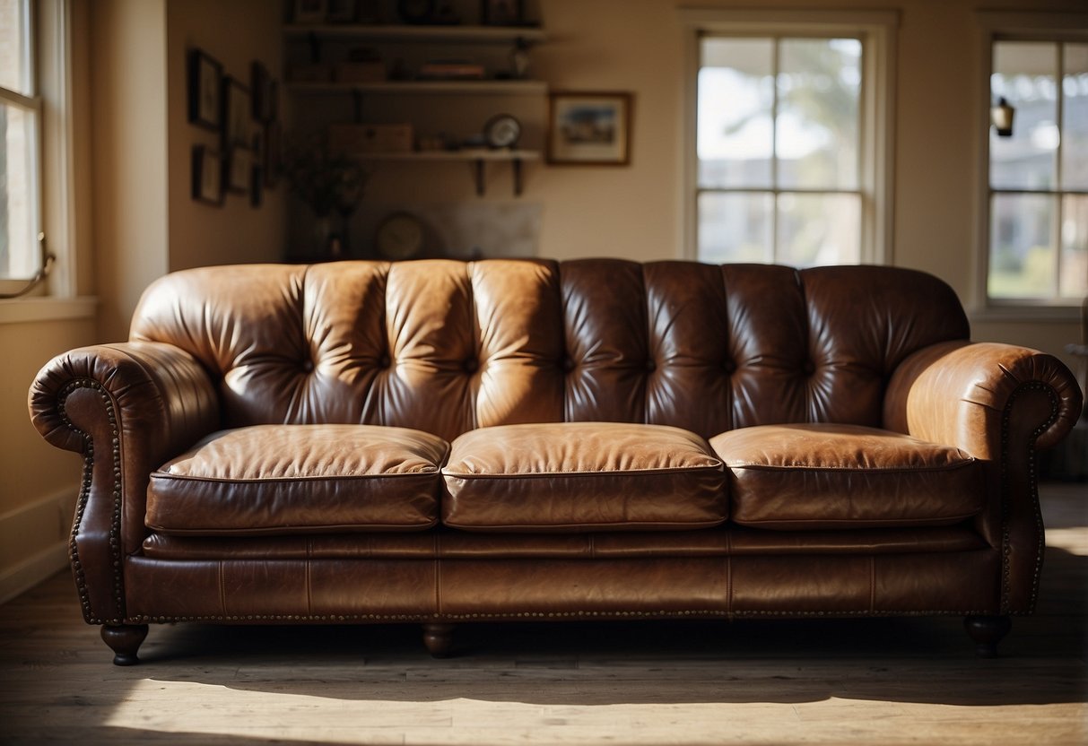 A well-worn leather sofa sits in a sunlit room, with visible signs of aging like creases and fading, suggesting years of use