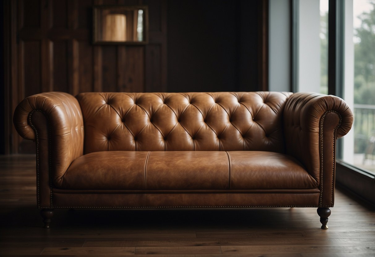 A leather sofa, aged and worn in some areas, sits in a well-lit living room. The grain of the leather is visible, showcasing its high quality