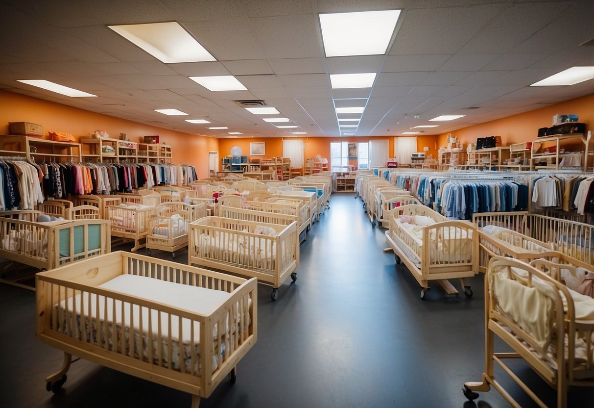 A spacious showroom with rows of cribs, changing tables, and rocking chairs. Brightly colored mobiles hang above the cribs, and soft blankets are neatly folded on the shelves