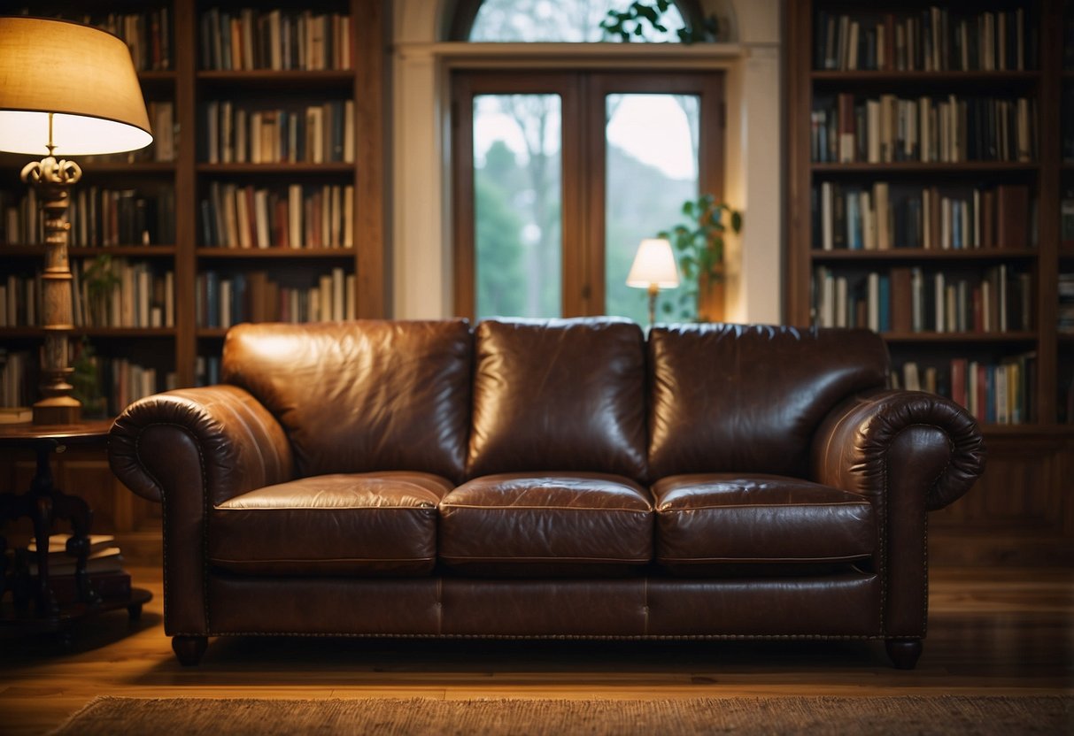 A well-worn leather sofa sits in a cozy living room, surrounded by bookshelves and soft lighting, showing signs of use but still retaining its timeless appeal