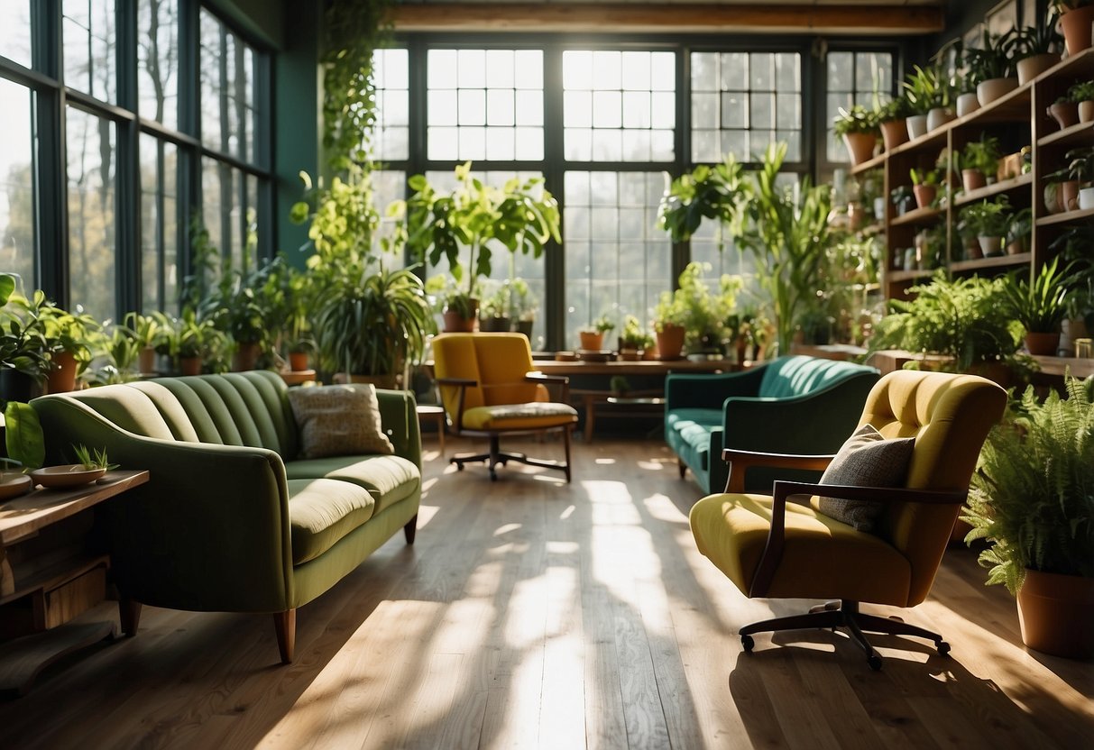 A cozy green furniture shop with leafy plants, wooden shelves, and colorful chairs on display. Sunlight streams through the windows, casting warm shadows on the polished floors