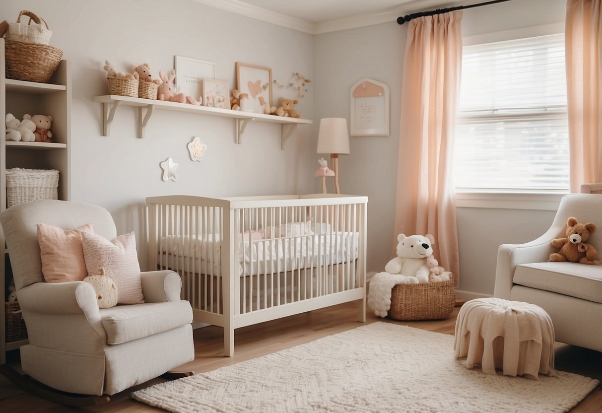 A bright, spacious nursery with a cozy rocking chair, a sturdy crib, and a changing table adorned with soft, pastel-colored linens. Shelves filled with toys and books line the walls, creating a warm and inviting atmosphere for the little one