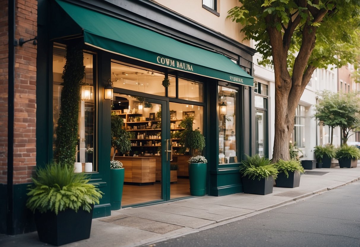 A cozy, inviting storefront with a large, leafy tree shading the entrance. Inside, vibrant green furniture and decor are beautifully displayed