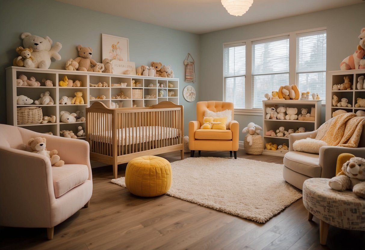 A bright and spacious nursery furniture store with colorful cribs, cozy rocking chairs, and cheerful wall decorations. Shelves are filled with soft blankets and adorable stuffed animals
