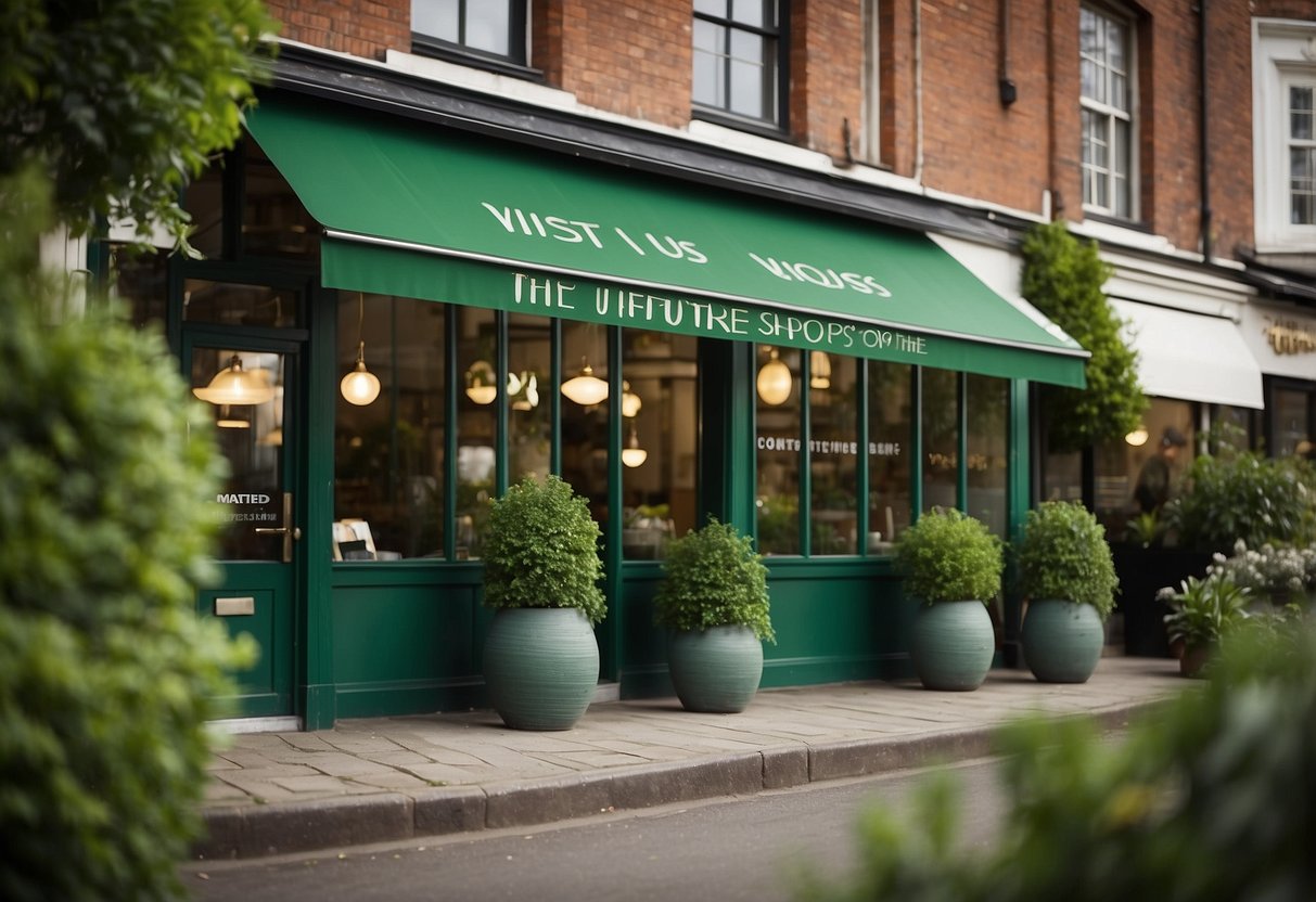 The shop sign reads "Visit Us: the green furniture shop" with a lush garden and eco-friendly furniture displayed in the storefront