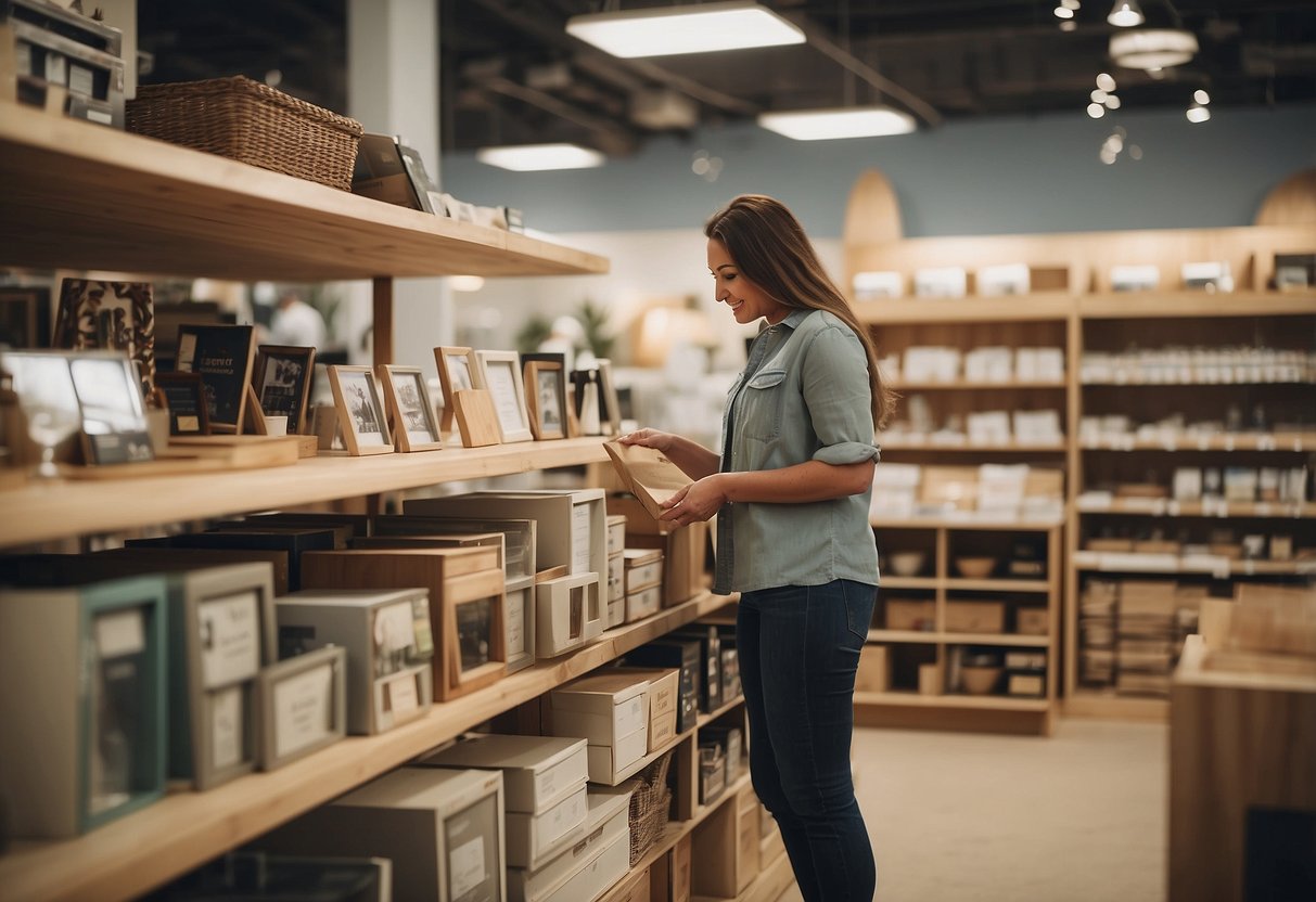 A customer browsing nursery furniture in a store, looking at price tags and asking a salesperson questions