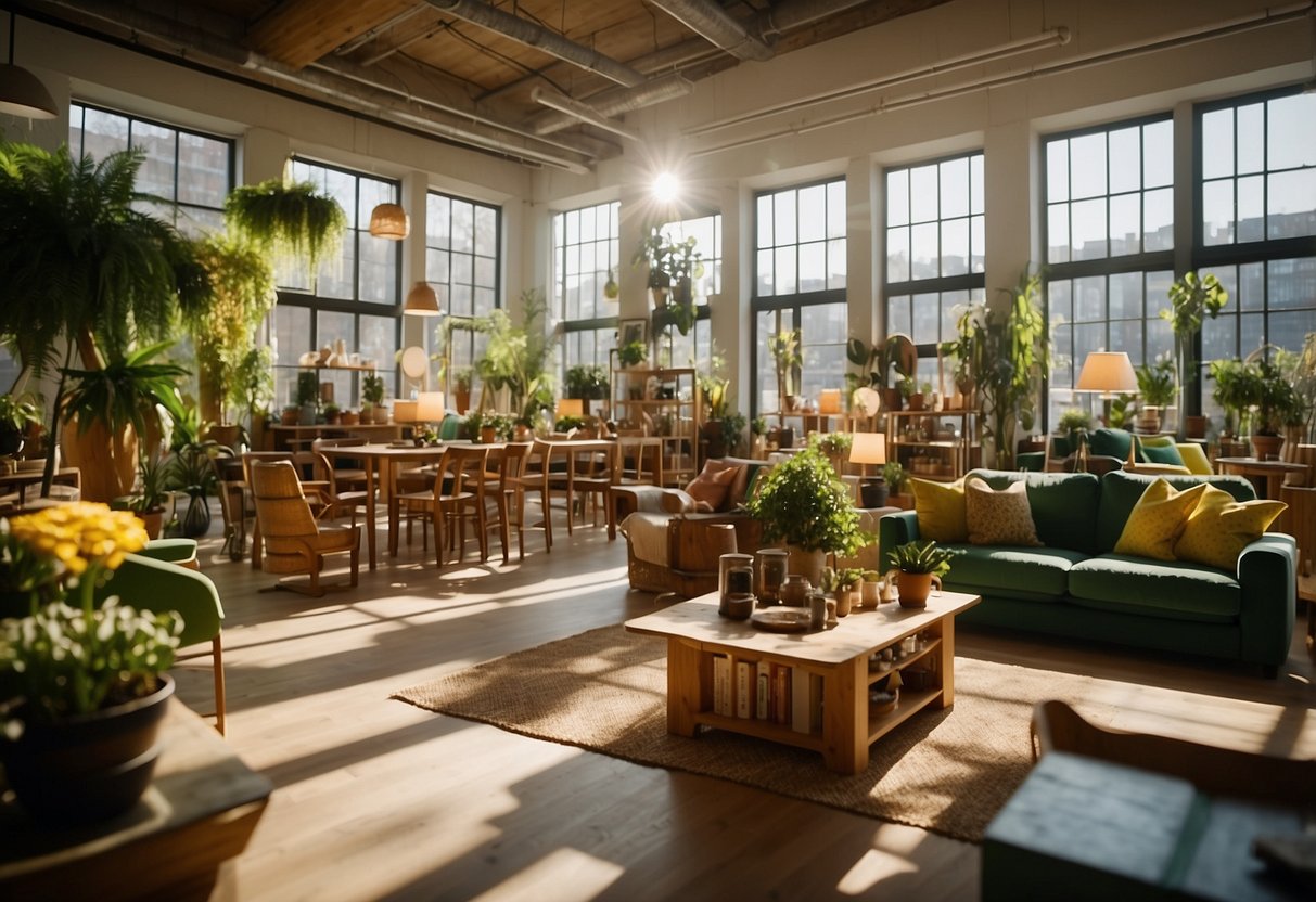 The green furniture shop is bustling with customers browsing through the colorful displays. Sunlight streams in through the large windows, casting a warm glow on the unique and eco-friendly pieces