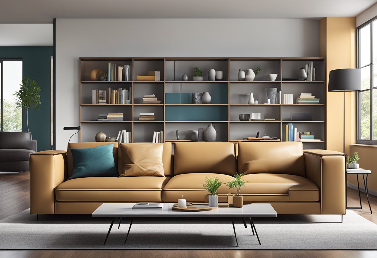 A modern living room with sleek Amart furniture, including a leather sofa, glass coffee table, and minimalist bookshelf