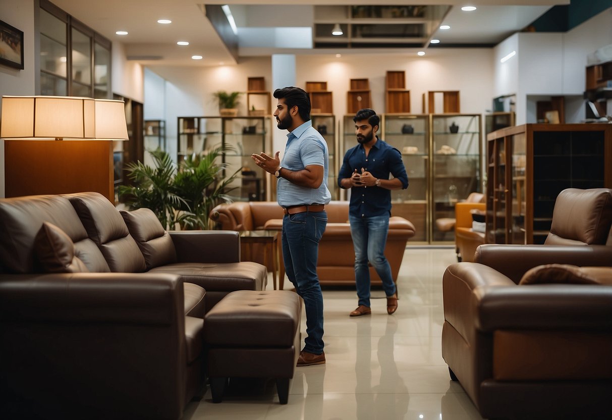 A customer browsing furniture at Anu Furniture Chanda Nagar, with sales staff providing after-sales service