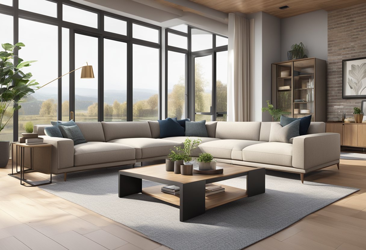 A modern living room with Amart furniture: a sleek sofa, a stylish coffee table, and a contemporary entertainment unit, all bathed in natural light from large windows