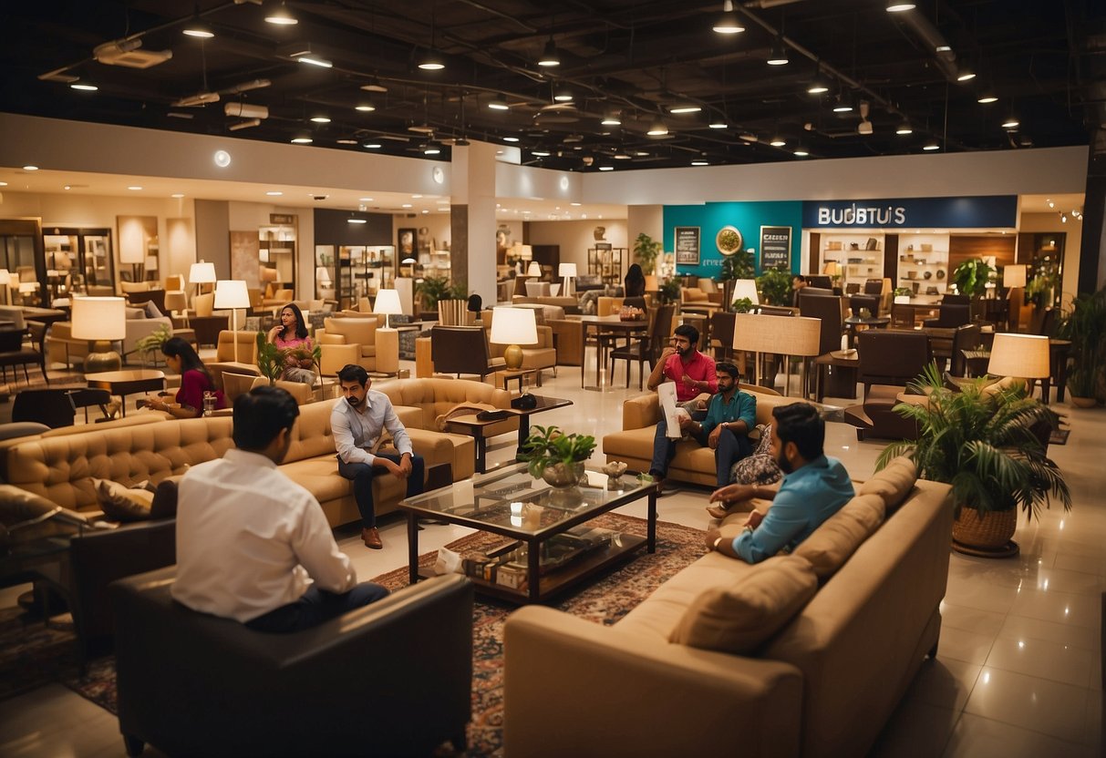 A bustling furniture store with customers browsing, staff assisting, and signage promoting "Frequently Asked Questions" at Anu Furniture Chanda Nagar