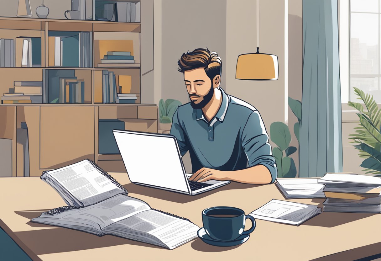 A customer browsing through a list of frequently asked questions about Amart Furniture, with a laptop and a cup of coffee on the table