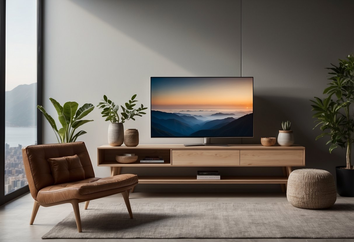 A modern living room with a sleek TV stand, minimalist shelves, and a cozy sofa. The room is well-lit with natural light and features a neutral color palette with pops of vibrant accents