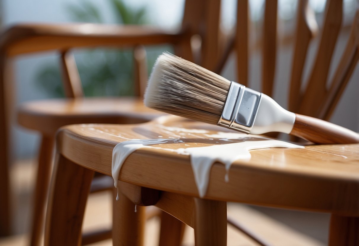 A wooden chair being painted white with a brush
