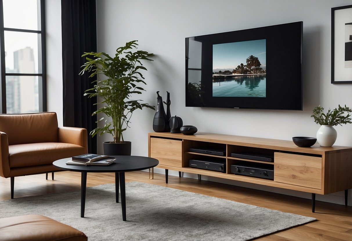 A living room with a modern TV stand, surrounded by minimalist furniture and decor. The stand is sleek and black, with open shelving and clean lines