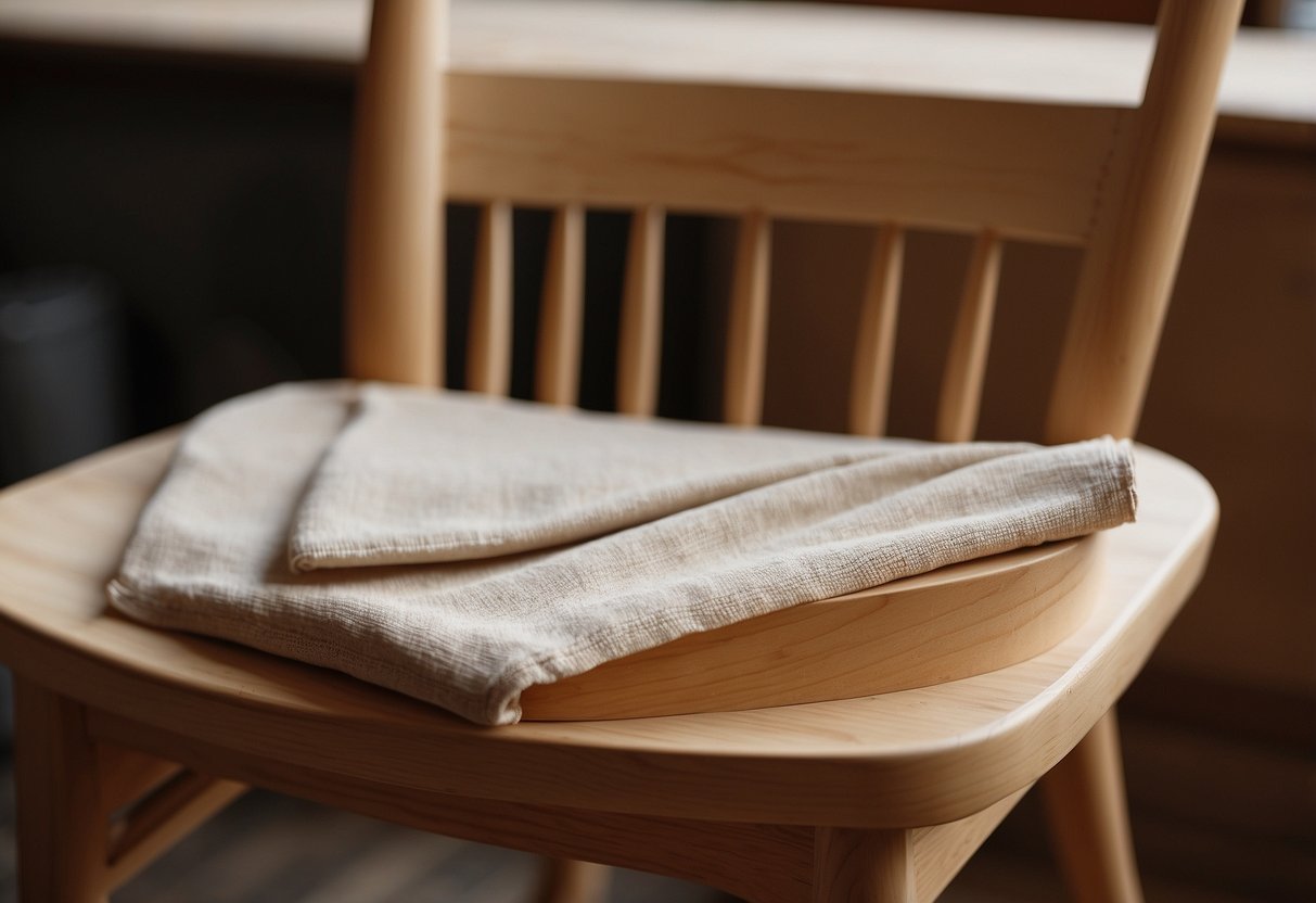 A wooden chair is being sanded and cleaned before being painted white. Sandpaper and a cloth are next to the chair