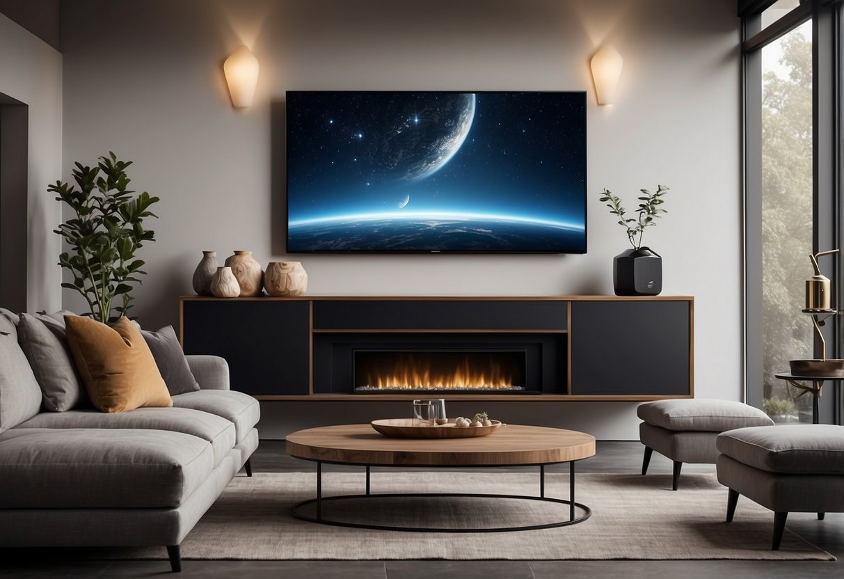 A modern living room with a sleek TV stand, cozy seating, and stylish decor. The furniture is arranged to create an inviting and functional space
