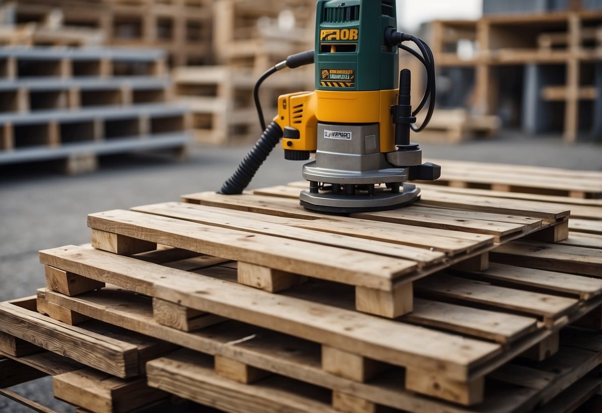 Wooden pallets stacked, tools nearby. One pallet disassembled, pieces laid out. Another pallet being sanded, nails removed. Assembled pieces forming a table and chairs