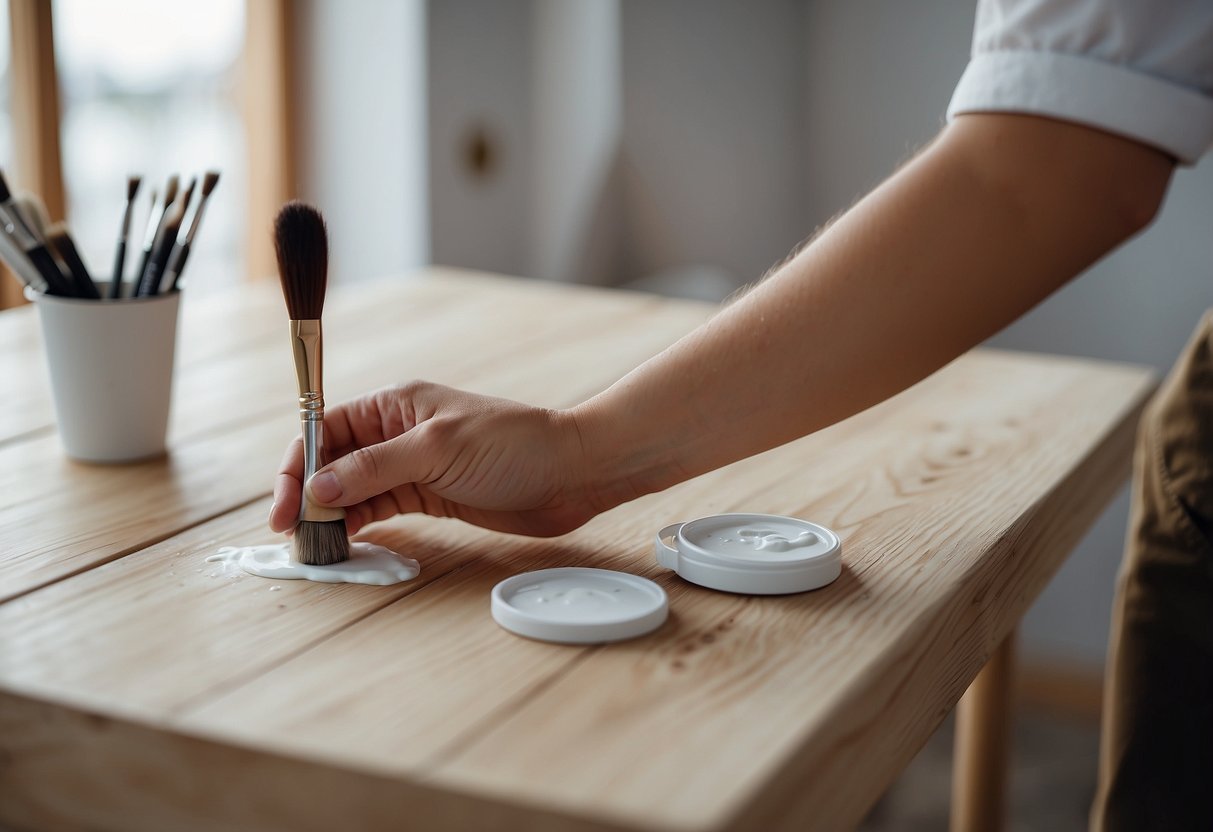 A hand holding a paintbrush applies white paint to a wooden furniture piece, adding finishing touches
