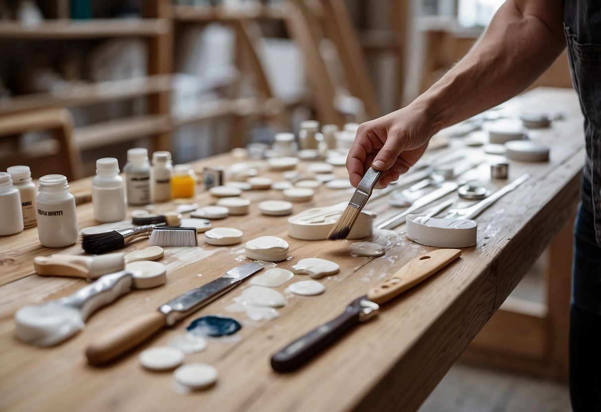 A hand holding a paintbrush applies white paint to a wooden furniture piece, surrounded by FAQ labels and a clean workspace