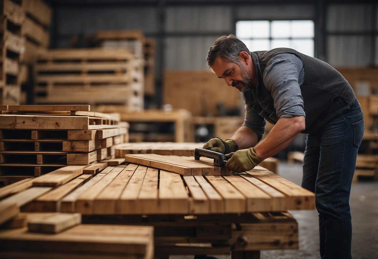 Pallets stacked in a workshop, tools and materials scattered around. A person measuring and cutting wood, assembling pieces into a table and chairs
