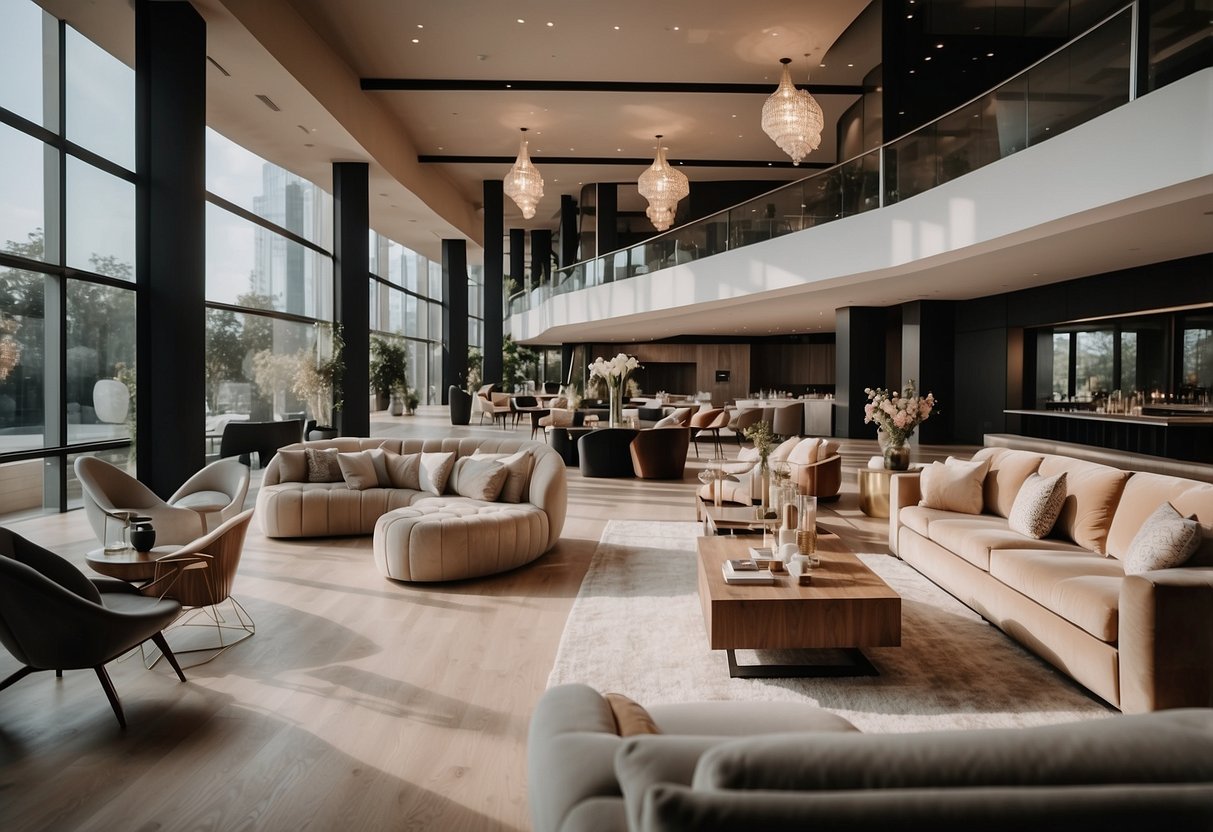 A spacious room with elegant event furniture arranged in a stylish and inviting manner. The furniture includes sleek sofas, chic coffee tables, and modern chairs, creating a sophisticated and welcoming atmosphere