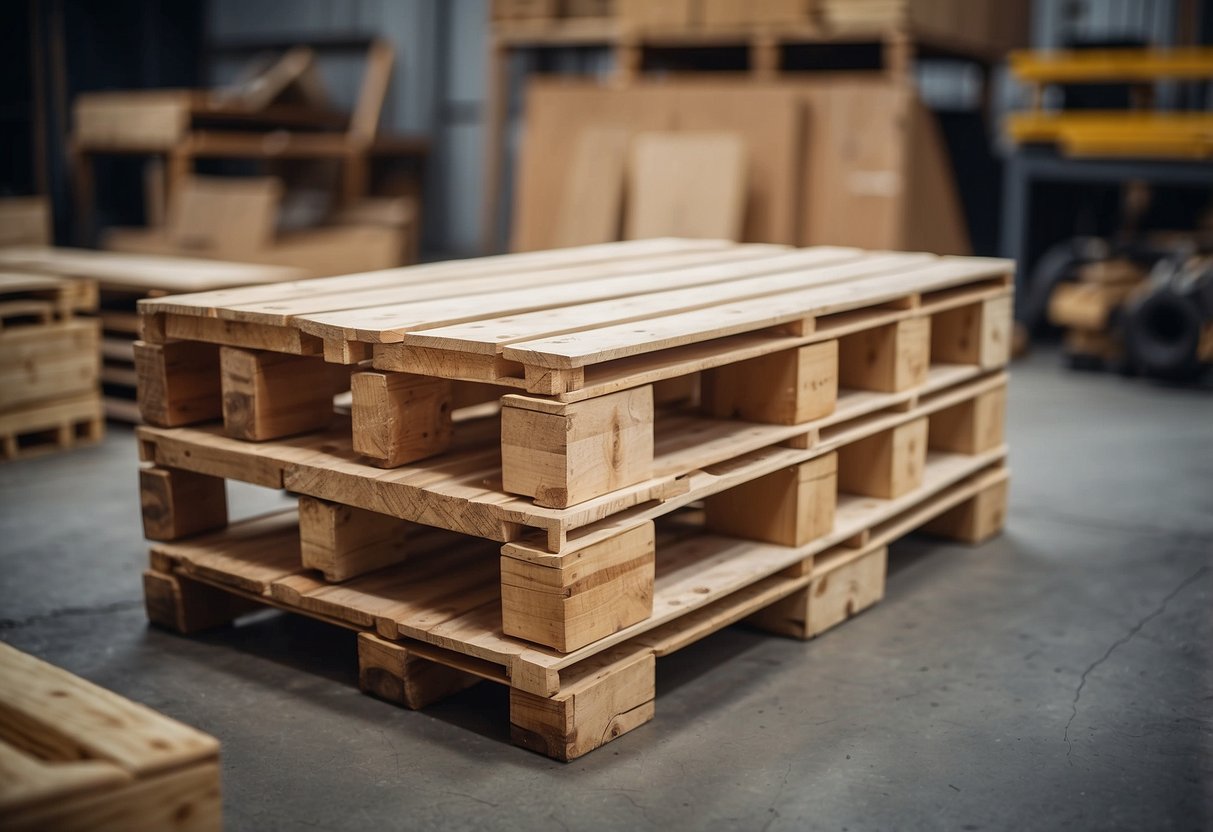 Pallets arranged in workshop, tools scattered, sawdust on floor. Finished furniture pieces displayed nearby