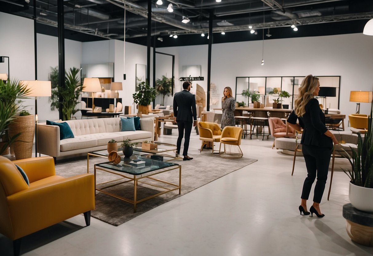 People browsing event furniture, tables, chairs, and decor. Bright showroom with various styles and options. Busy staff assisting customers