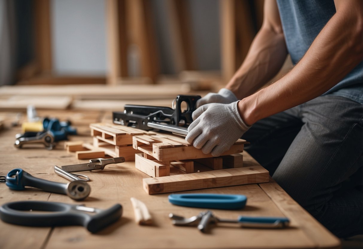 A person assembling pallet furniture with tools and materials scattered around. Instructions or diagrams visible