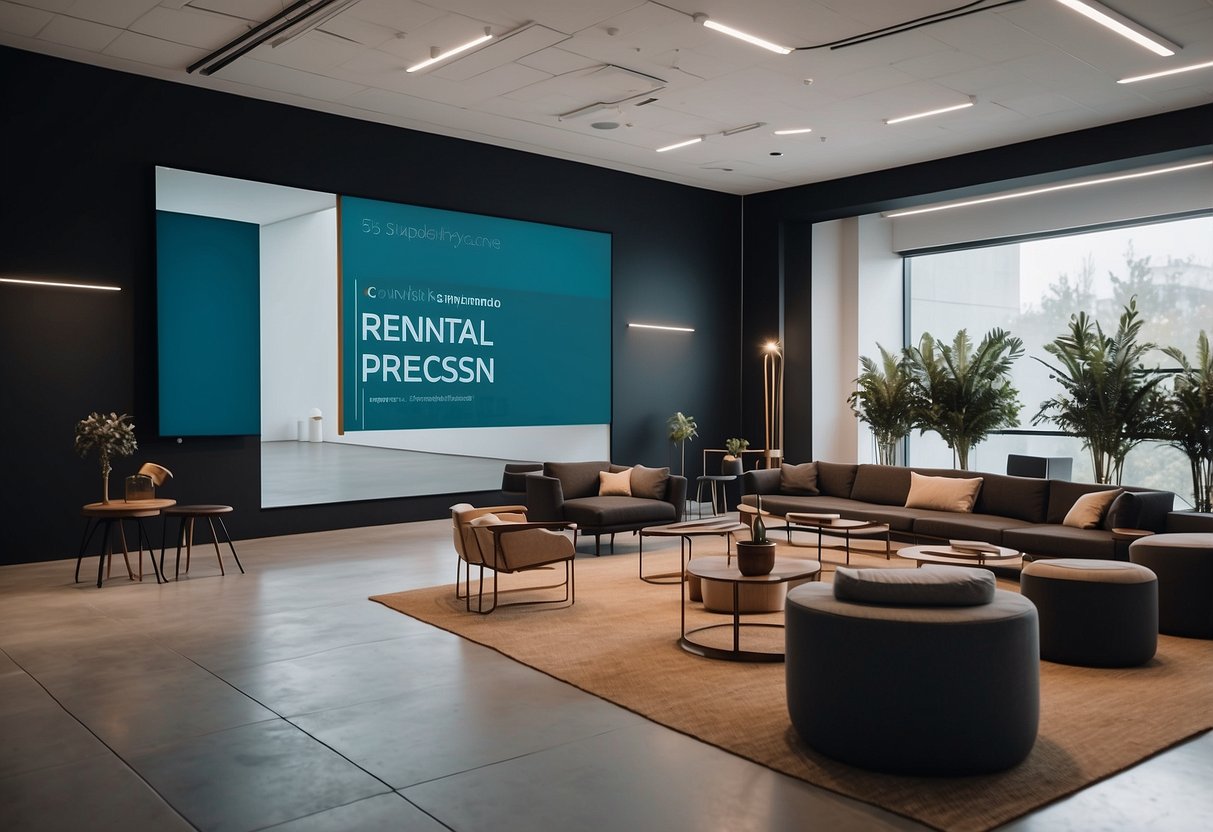 A modern, minimalist event space with sleek furniture arranged in a clean, organized layout. A digital kiosk displays "Rental Process Simplified" in bold lettering