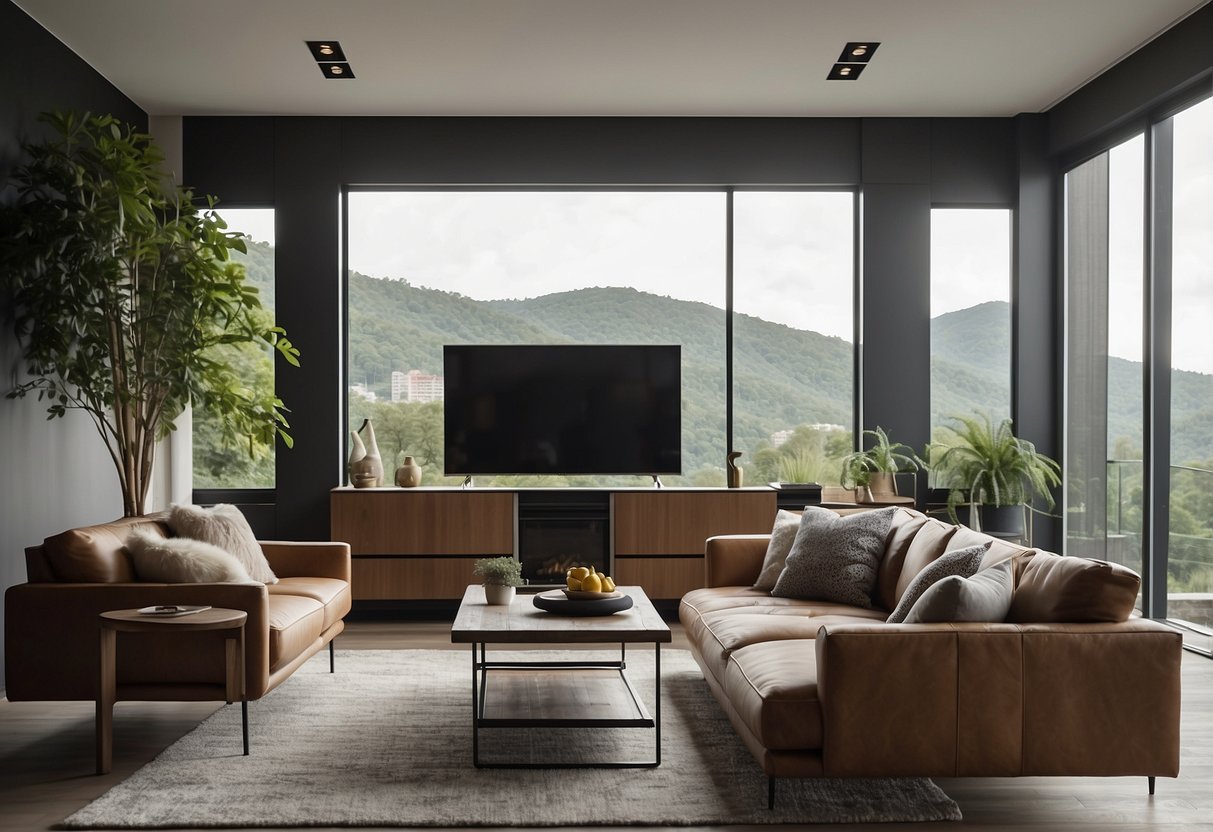A living room with a wall-mounted TV, surrounded by modern and stylish furniture, creating a cozy and inviting space