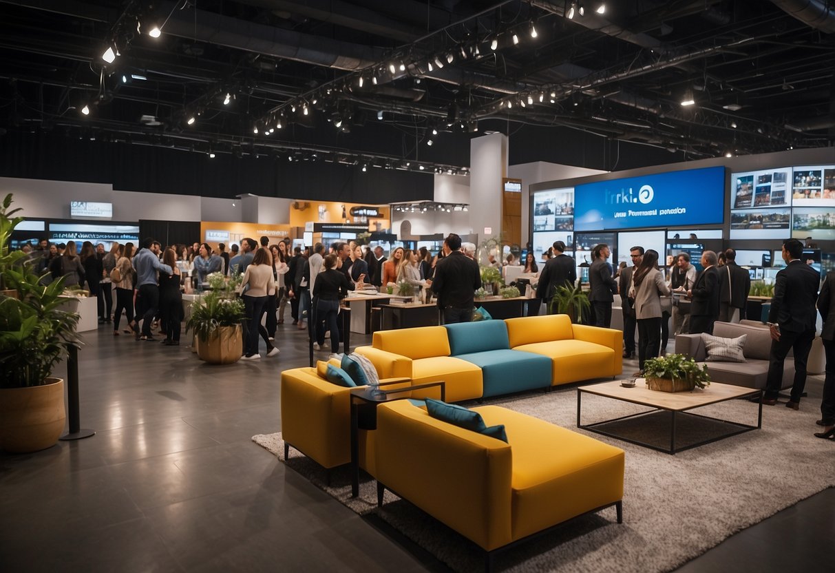 A bustling event with various furniture setups, people interacting, and staff assisting. Displays of rental options and signage for FAQ information