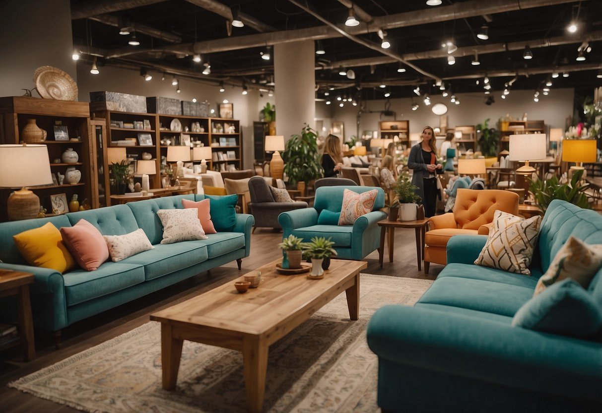 A bustling furniture shop with shelves of colorful decor, cozy sofas, and elegant tables. Customers browse the aisles while a friendly salesperson assists them